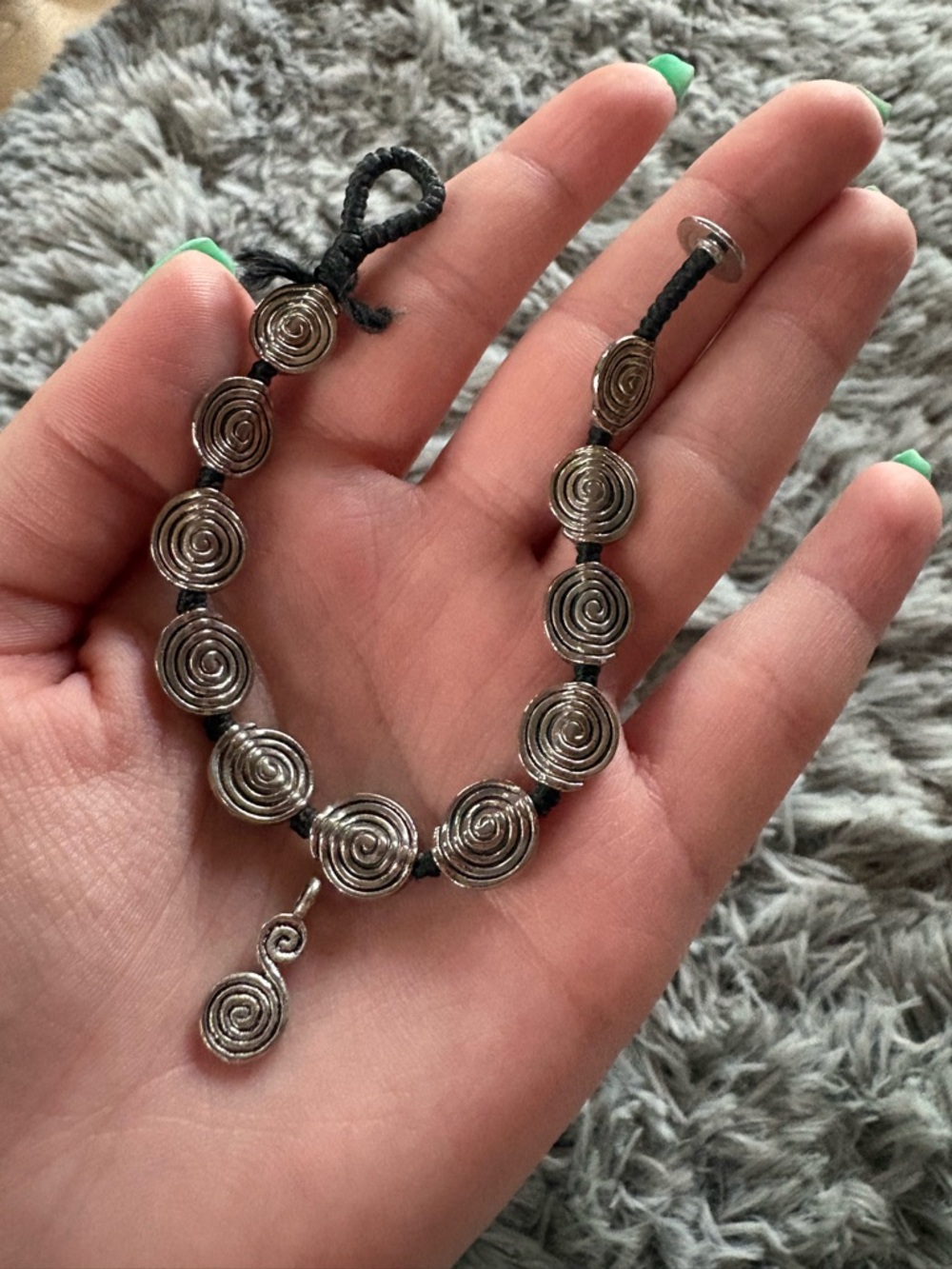 Handcrafted Silver Spiral Bead Bracelet - Black Cord AND matching pendant